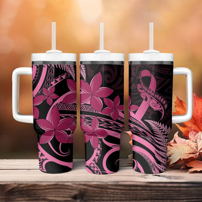 Aotearoa Maori Tumbler With Handle Pink Fern Ribbons on Black