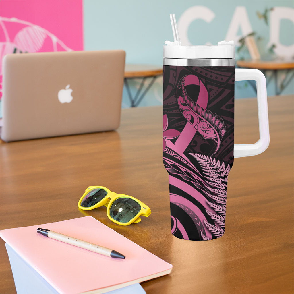 Aotearoa Maori Tumbler With Handle Pink Fern Ribbons on Black