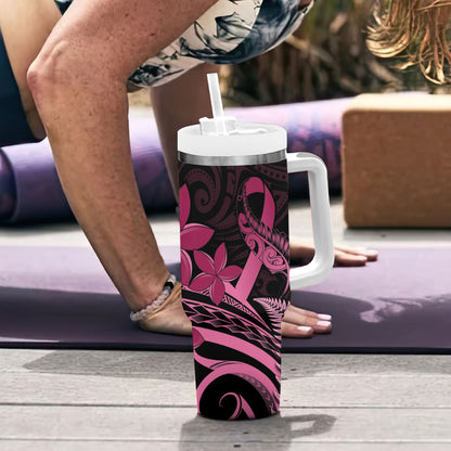 Aotearoa Maori Tumbler With Handle Pink Fern Ribbons on Black