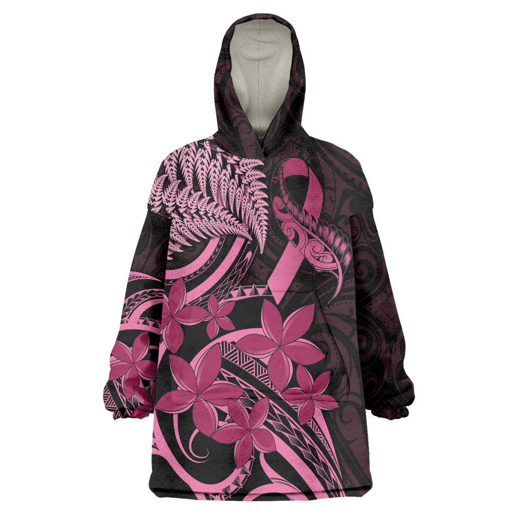 Aotearoa Maori Wearable Blanket Hoodie Pink Fern Ribbons on Black