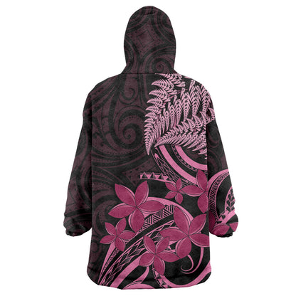 Aotearoa Maori Wearable Blanket Hoodie Pink Fern Ribbons on Black