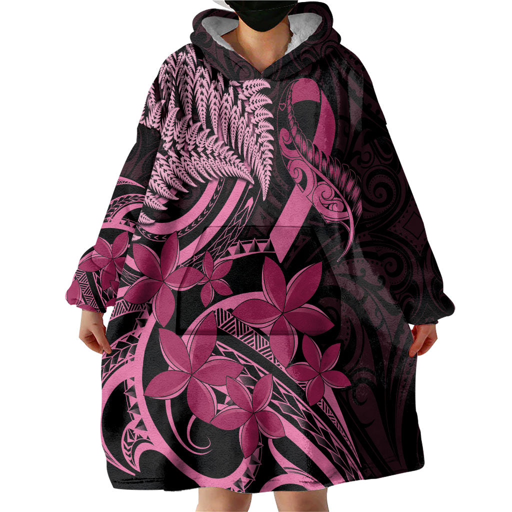 Aotearoa Maori Wearable Blanket Hoodie Pink Fern Ribbons on Black