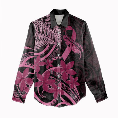 Aotearoa Maori Women Casual Shirt Pink Fern Ribbons on Black