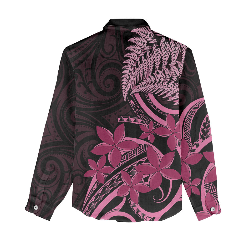 Aotearoa Maori Women Casual Shirt Pink Fern Ribbons on Black