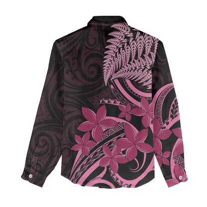 Aotearoa Maori Women Casual Shirt Pink Fern Ribbons on Black