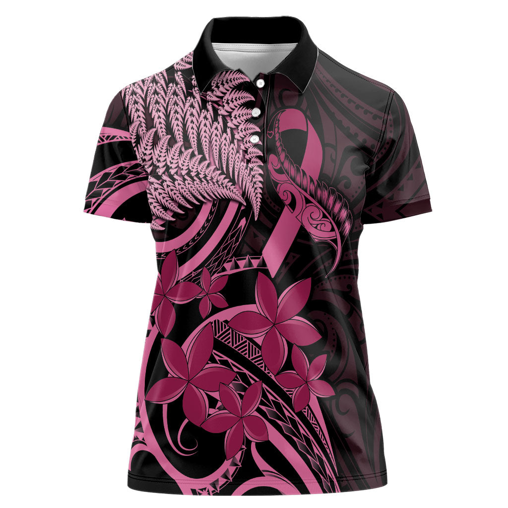 Aotearoa Maori Women Polo Shirt Pink Fern Ribbons on Black