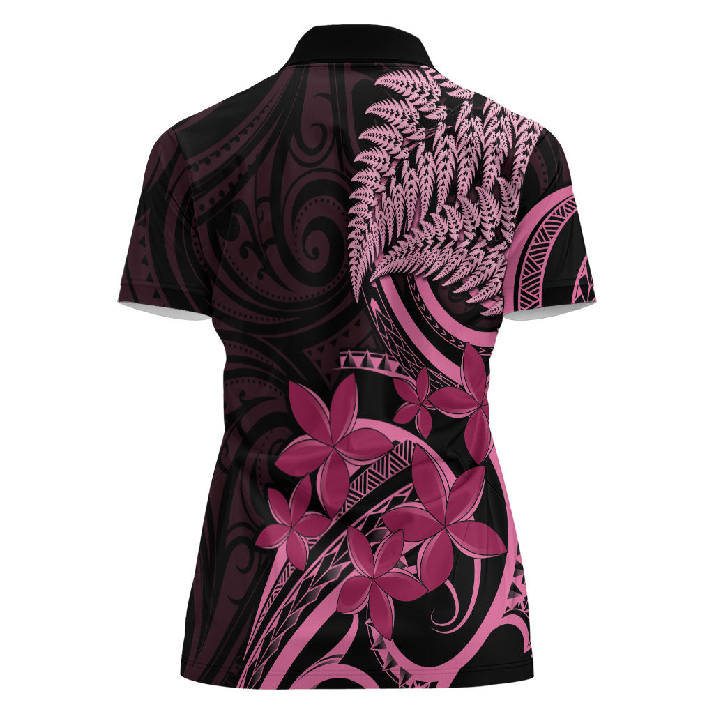 Aotearoa Maori Women Polo Shirt Pink Fern Ribbons on Black