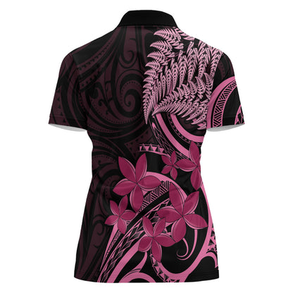 Aotearoa Maori Women Polo Shirt Pink Fern Ribbons on Black