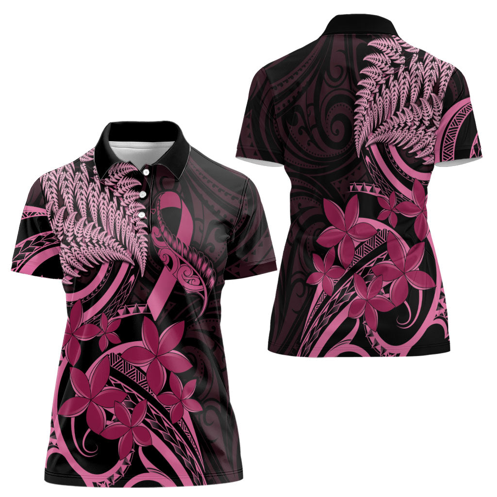 Aotearoa Maori Women Polo Shirt Pink Fern Ribbons on Black