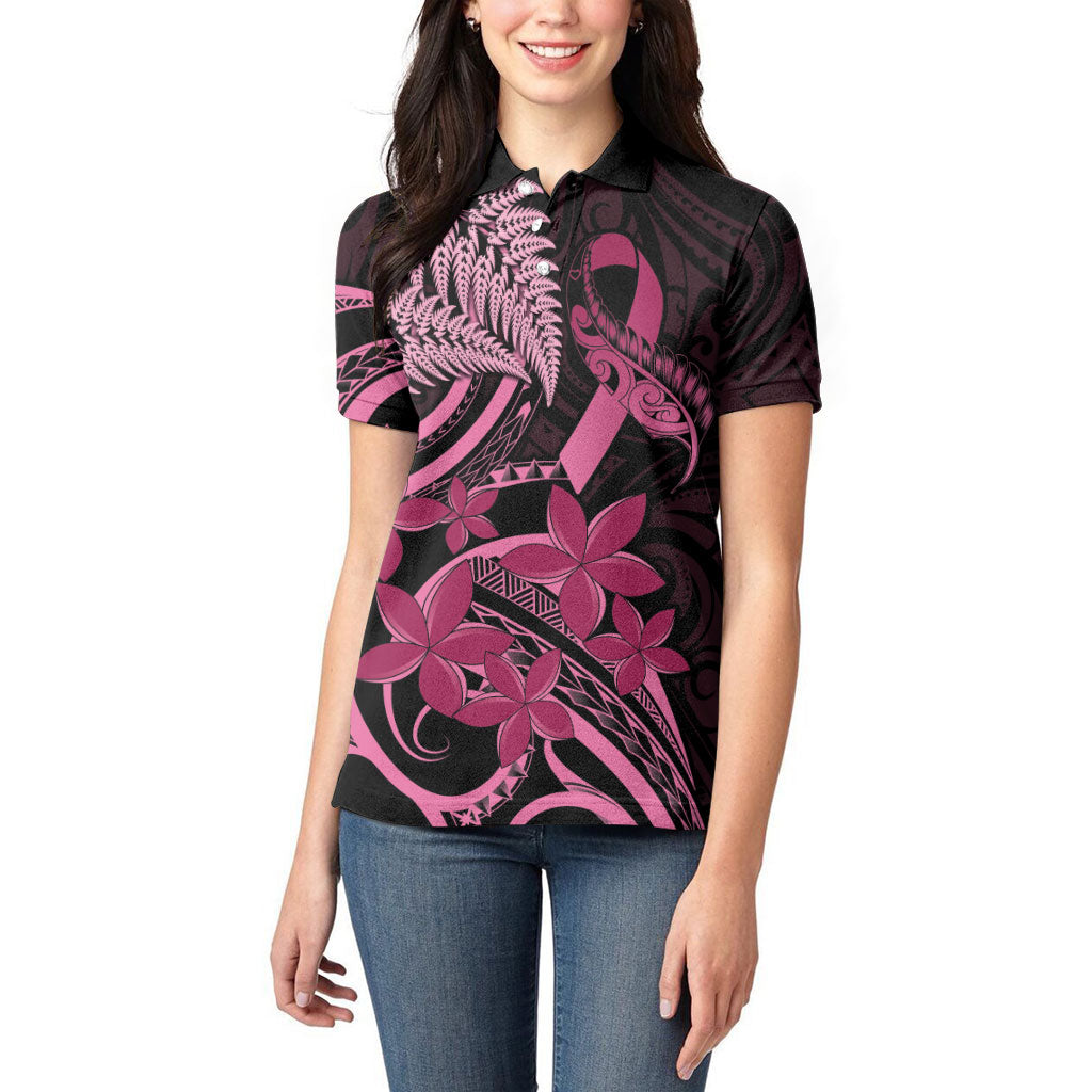 Aotearoa Maori Women Polo Shirt Pink Fern Ribbons on Black