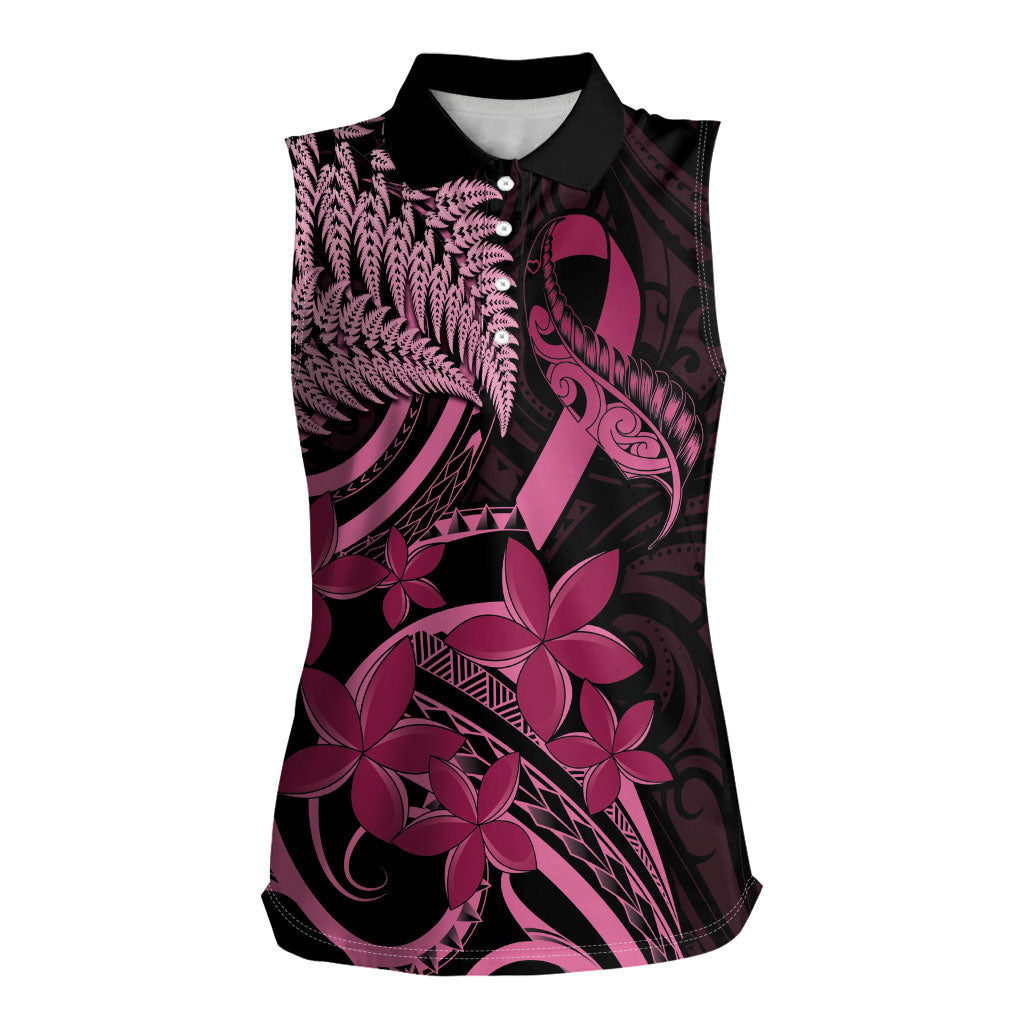 Aotearoa Maori Women Sleeveless Polo Shirt Pink Fern Ribbons on Black