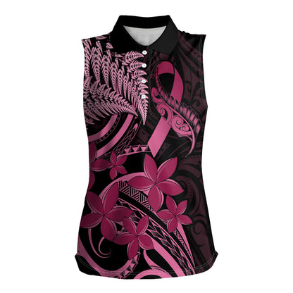 Aotearoa Maori Women Sleeveless Polo Shirt Pink Fern Ribbons on Black