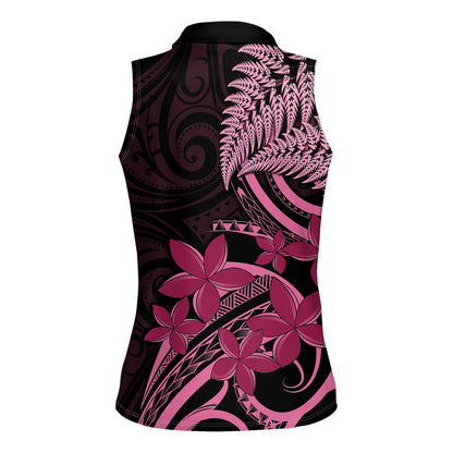 Aotearoa Maori Women Sleeveless Polo Shirt Pink Fern Ribbons on Black