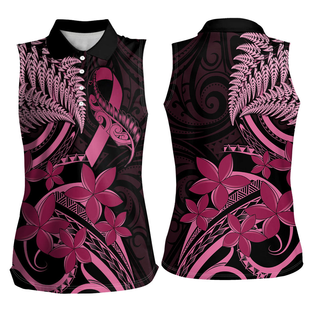 Aotearoa Maori Women Sleeveless Polo Shirt Pink Fern Ribbons on Black