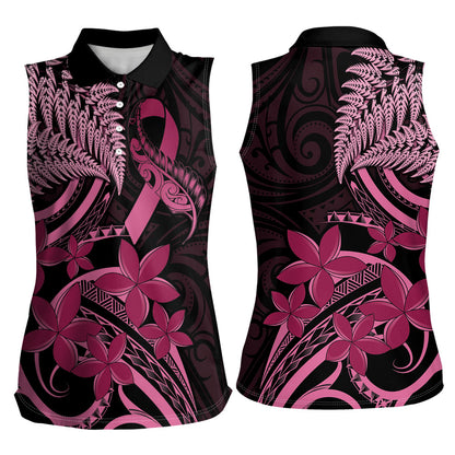 Aotearoa Maori Women Sleeveless Polo Shirt Pink Fern Ribbons on Black