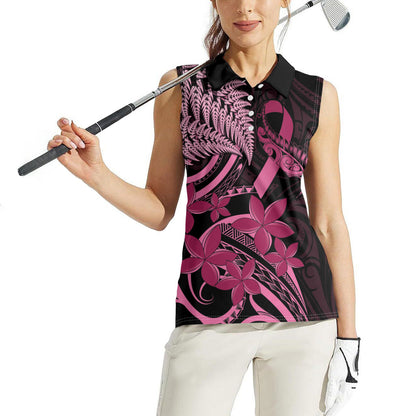 Aotearoa Maori Women Sleeveless Polo Shirt Pink Fern Ribbons on Black