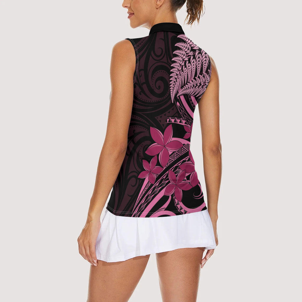 Aotearoa Maori Women Sleeveless Polo Shirt Pink Fern Ribbons on Black