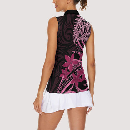 Aotearoa Maori Women Sleeveless Polo Shirt Pink Fern Ribbons on Black