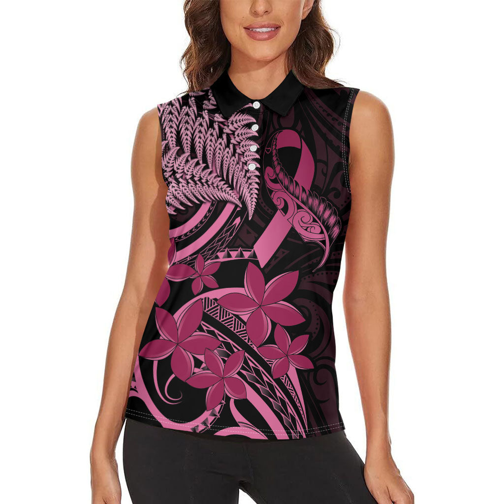 Aotearoa Maori Women Sleeveless Polo Shirt Pink Fern Ribbons on Black