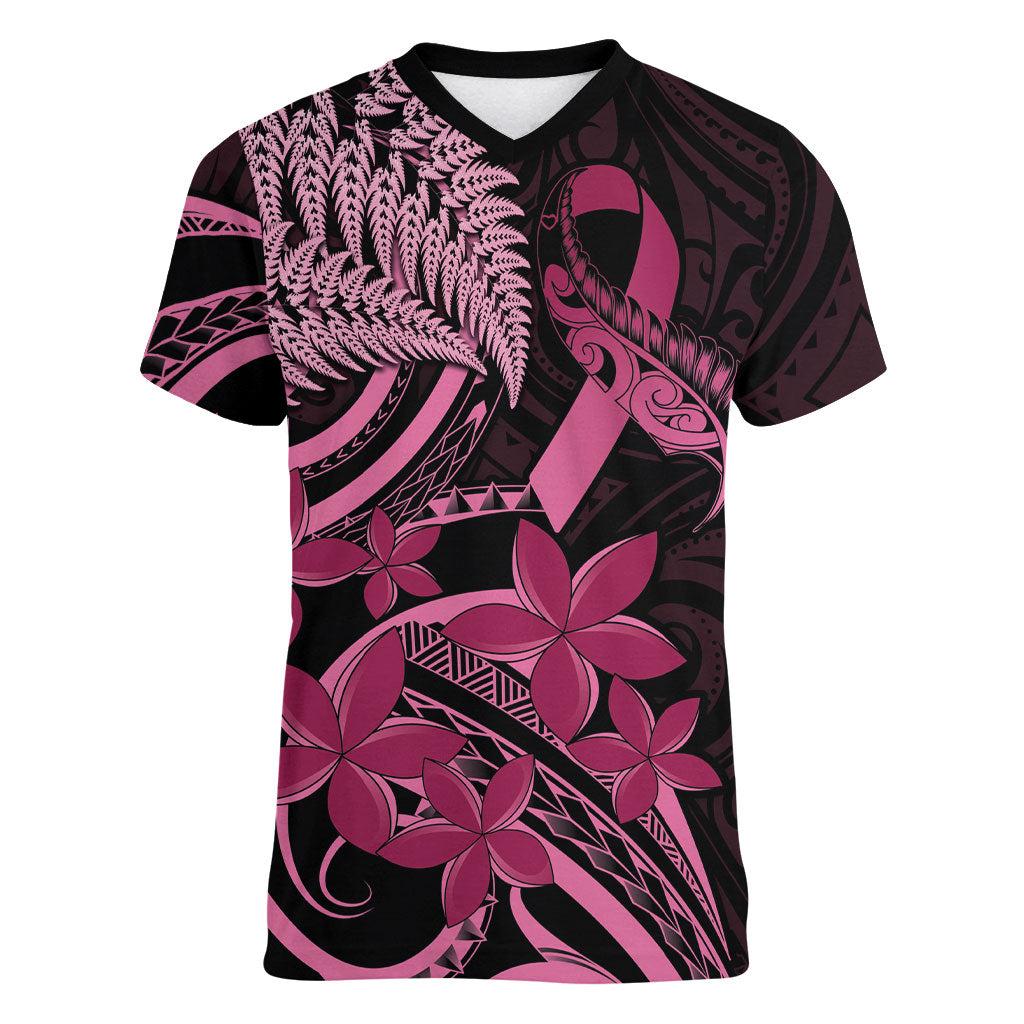 Aotearoa Maori Women V-Neck T-Shirt Pink Fern Ribbons on Black