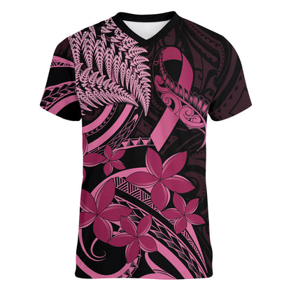 Aotearoa Maori Women V-Neck T-Shirt Pink Fern Ribbons on Black