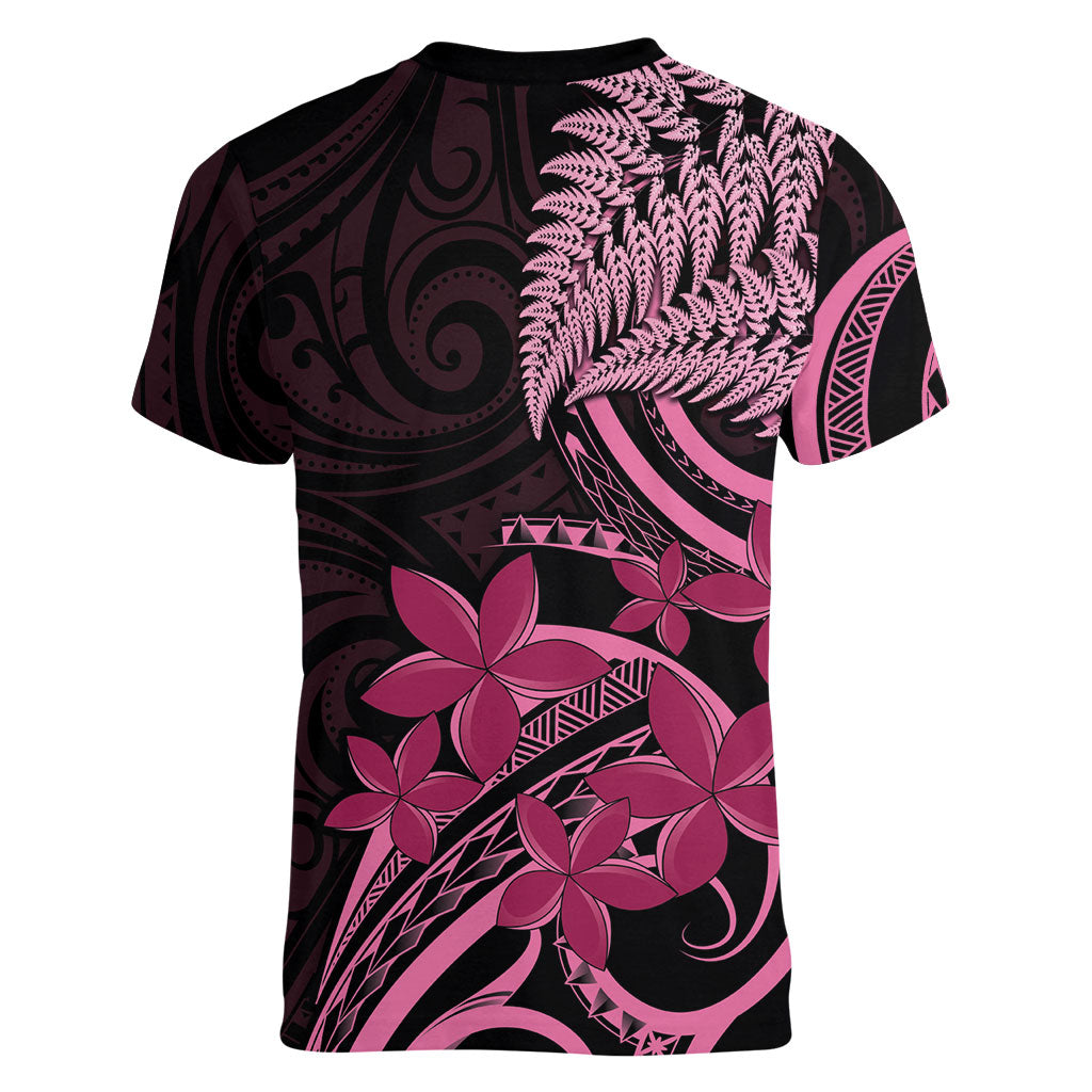Aotearoa Maori Women V-Neck T-Shirt Pink Fern Ribbons on Black