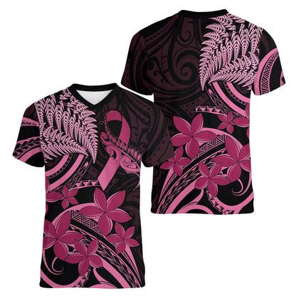 Aotearoa Maori Women V-Neck T-Shirt Pink Fern Ribbons on Black