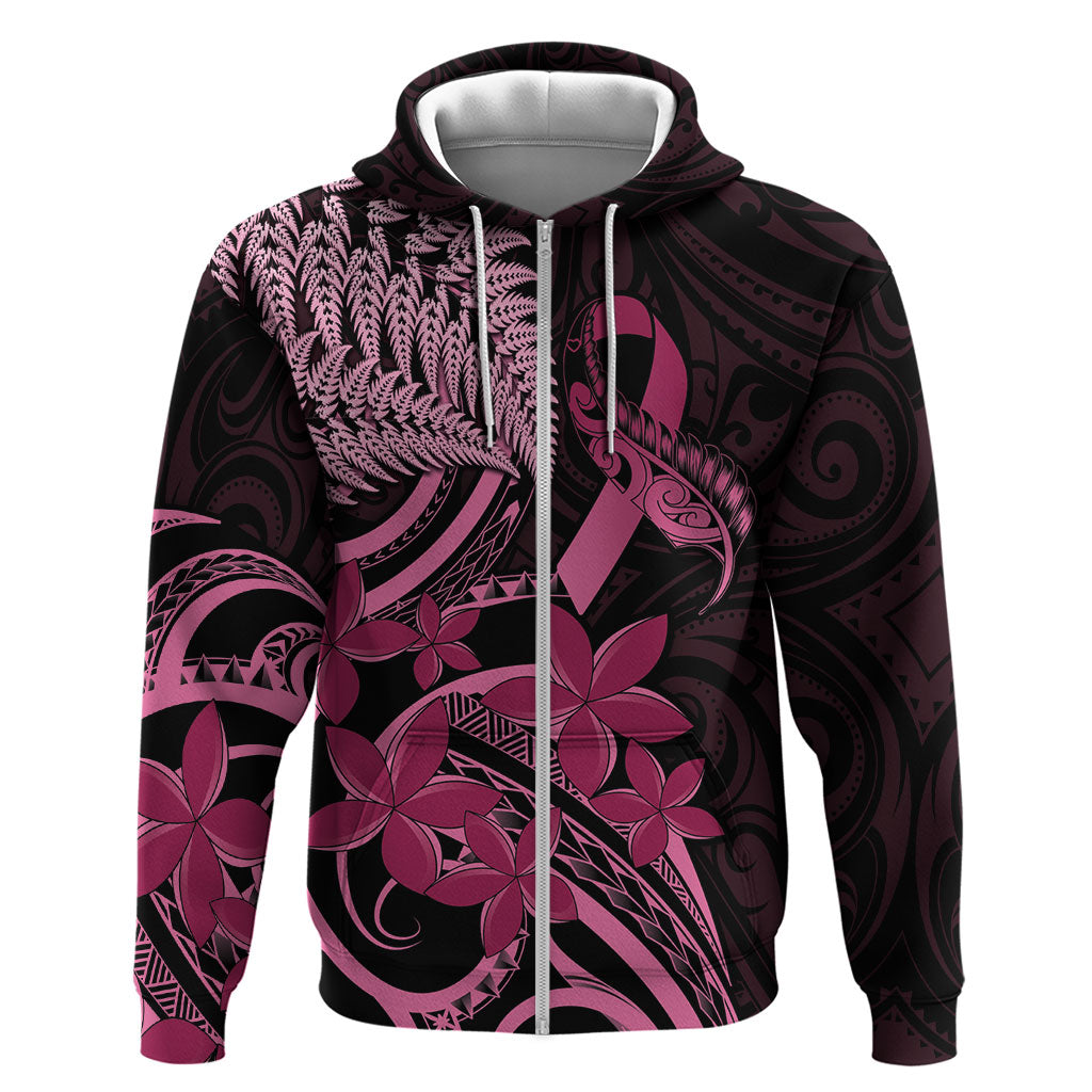 Aotearoa Maori Zip Hoodie Pink Fern Ribbons on Black