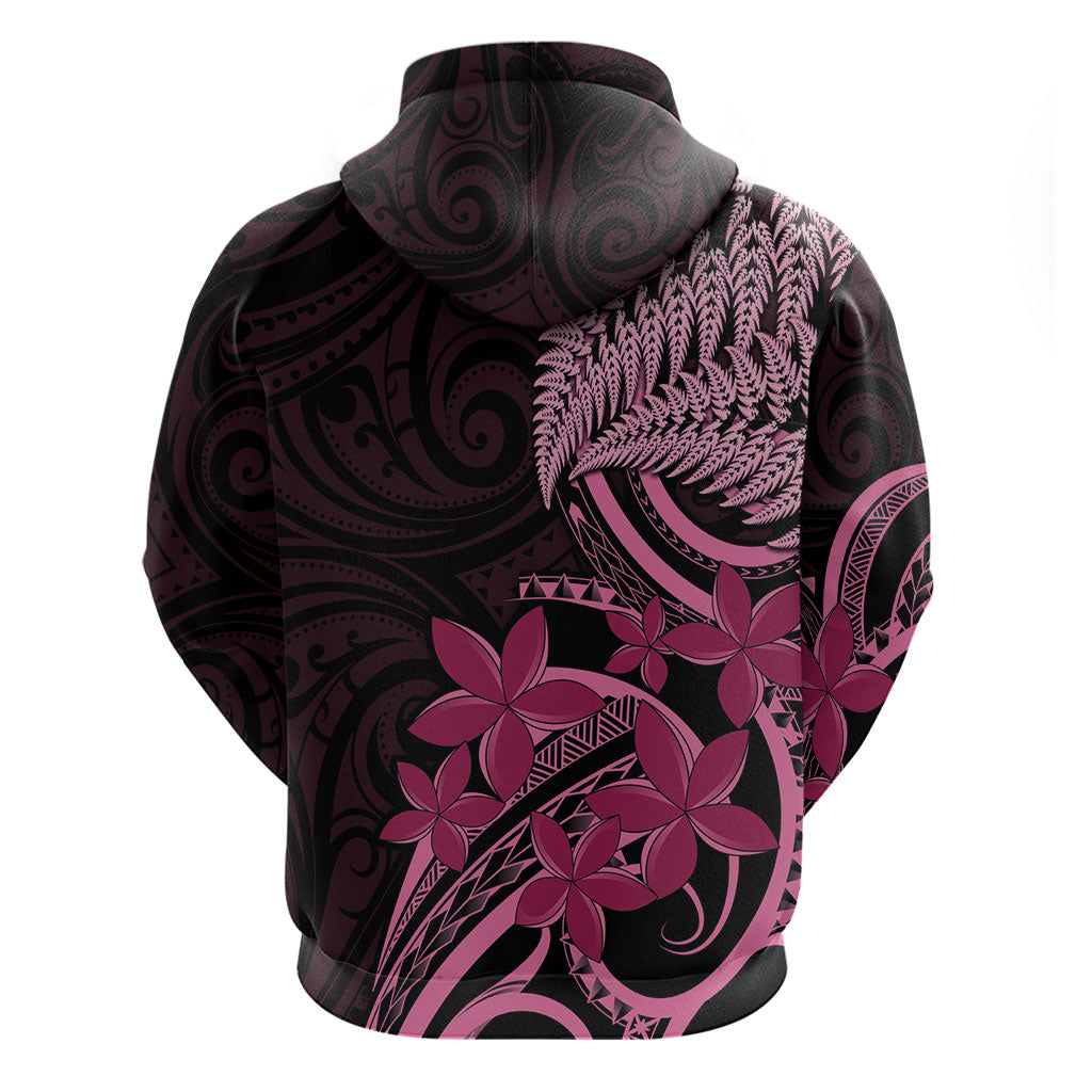Aotearoa Maori Zip Hoodie Pink Fern Ribbons on Black