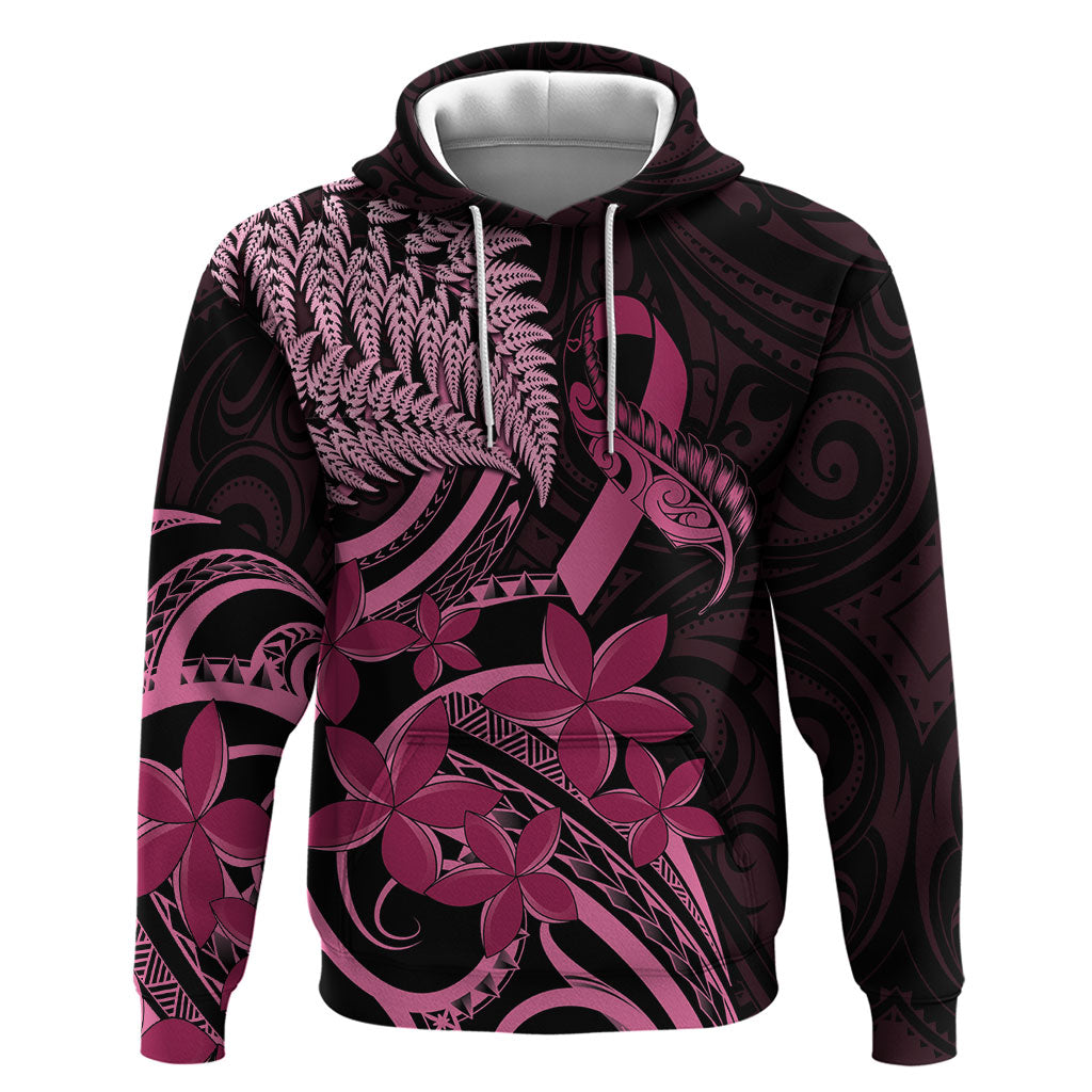 Aotearoa Maori Zip Hoodie Pink Fern Ribbons on Black