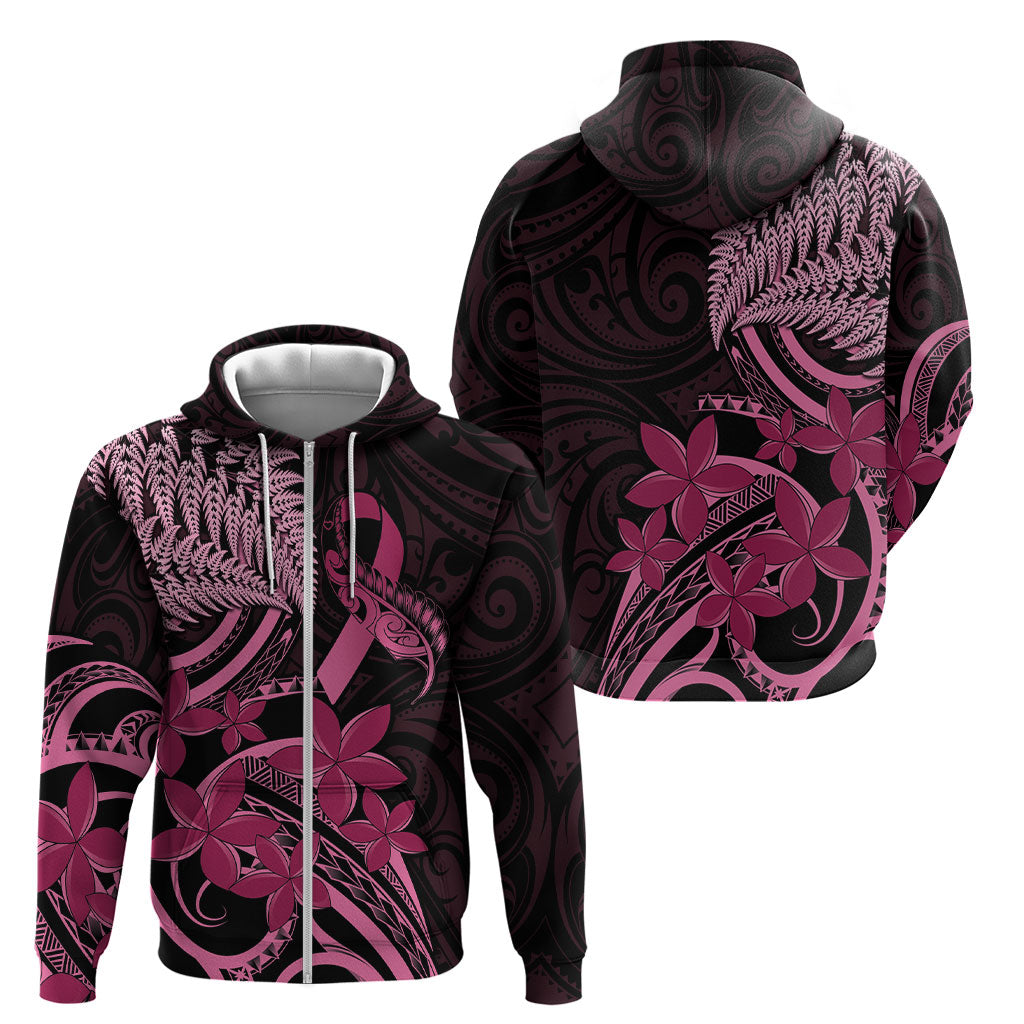 Aotearoa Maori Zip Hoodie Pink Fern Ribbons on Black