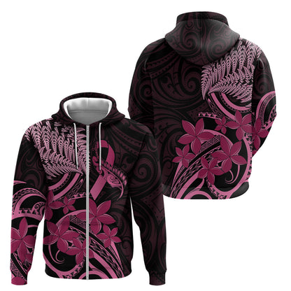 Aotearoa Maori Zip Hoodie Pink Fern Ribbons on Black