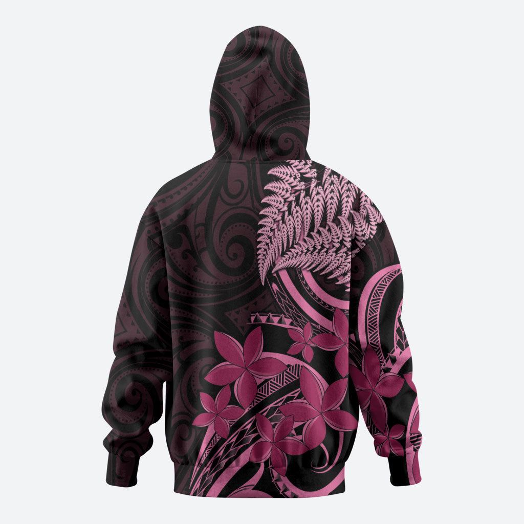 Aotearoa Maori Zip Hoodie Pink Fern Ribbons on Black