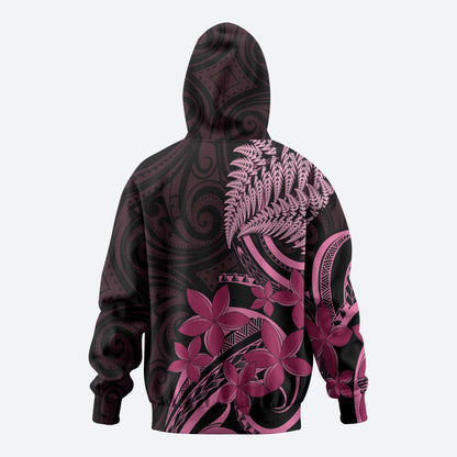 Aotearoa Maori Zip Hoodie Pink Fern Ribbons on Black