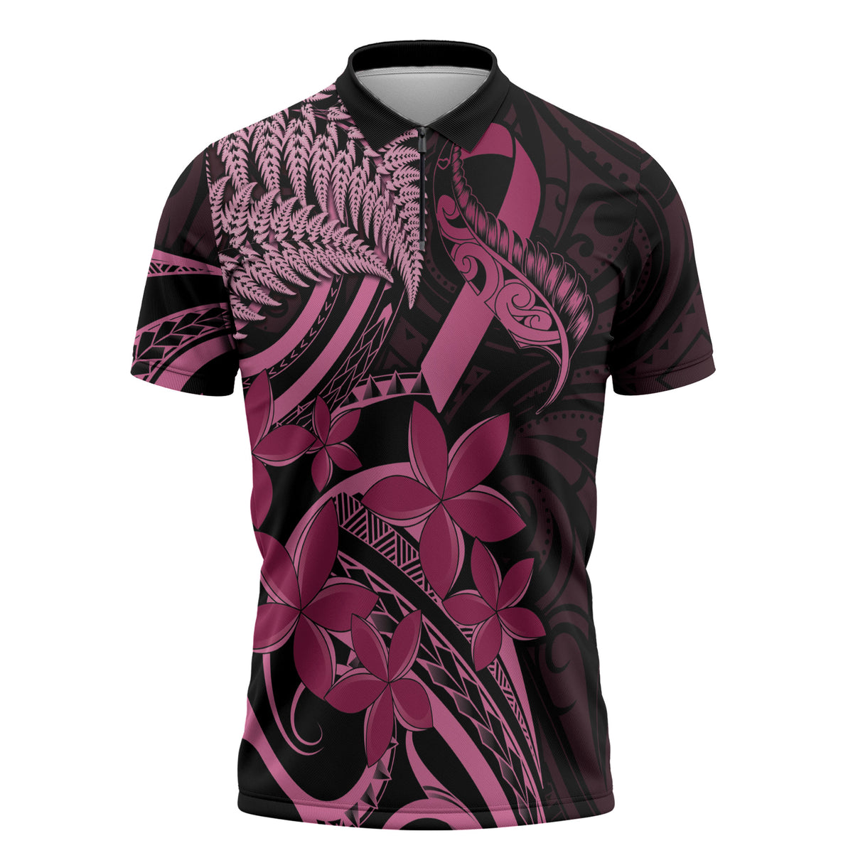 Aotearoa Maori Zipper Polo Shirt Pink Fern Ribbons on Black