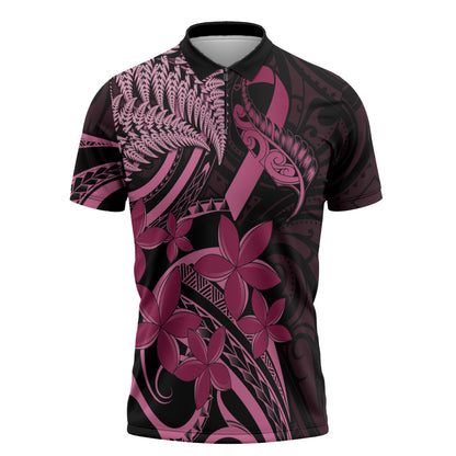 Aotearoa Maori Zipper Polo Shirt Pink Fern Ribbons on Black