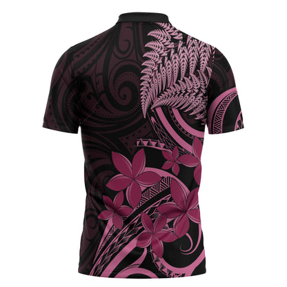 Aotearoa Maori Zipper Polo Shirt Pink Fern Ribbons on Black