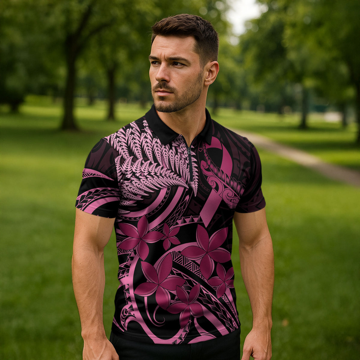Aotearoa Maori Zipper Polo Shirt Pink Fern Ribbons on Black