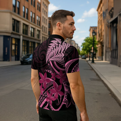 Aotearoa Maori Zipper Polo Shirt Pink Fern Ribbons on Black