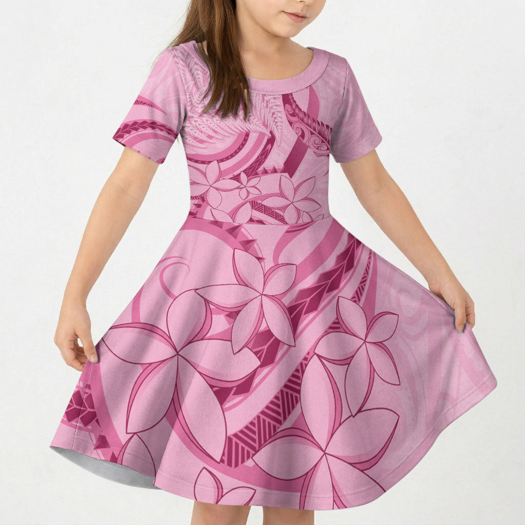 Aotearoa Maori Kid Short Sleeve Dress Pink Fern Ribbons