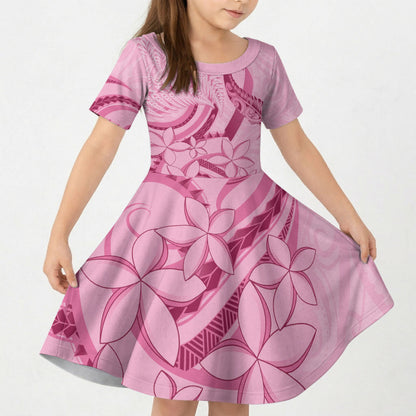 Aotearoa Maori Kid Short Sleeve Dress Pink Fern Ribbons