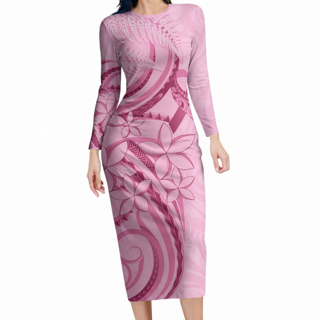 Aotearoa Maori Long Sleeve Bodycon Dress Pink Fern Ribbons