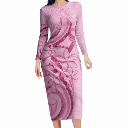 Aotearoa Maori Long Sleeve Bodycon Dress Pink Fern Ribbons