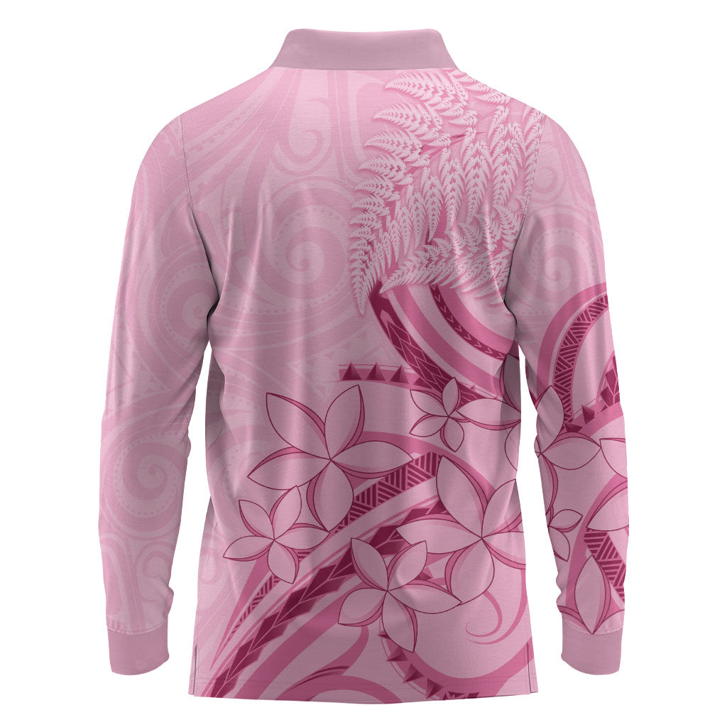 Aotearoa Maori Long Sleeve Polo Shirt Pink Fern Ribbons