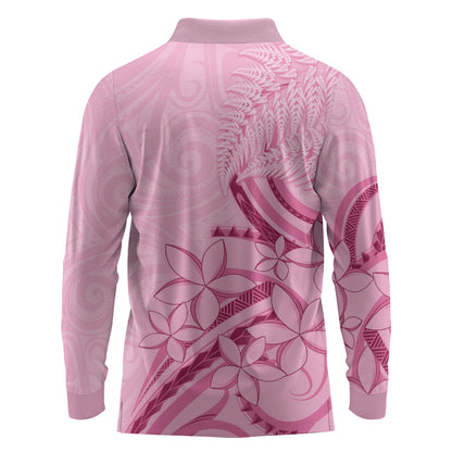 Aotearoa Maori Long Sleeve Polo Shirt Pink Fern Ribbons