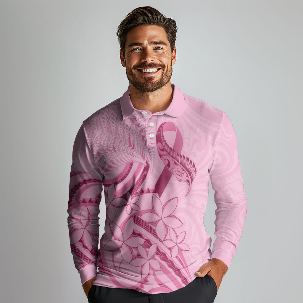 Aotearoa Maori Long Sleeve Polo Shirt Pink Fern Ribbons