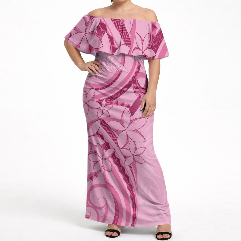 Aotearoa Maori Off Shoulder Maxi Dress Pink Fern Ribbons