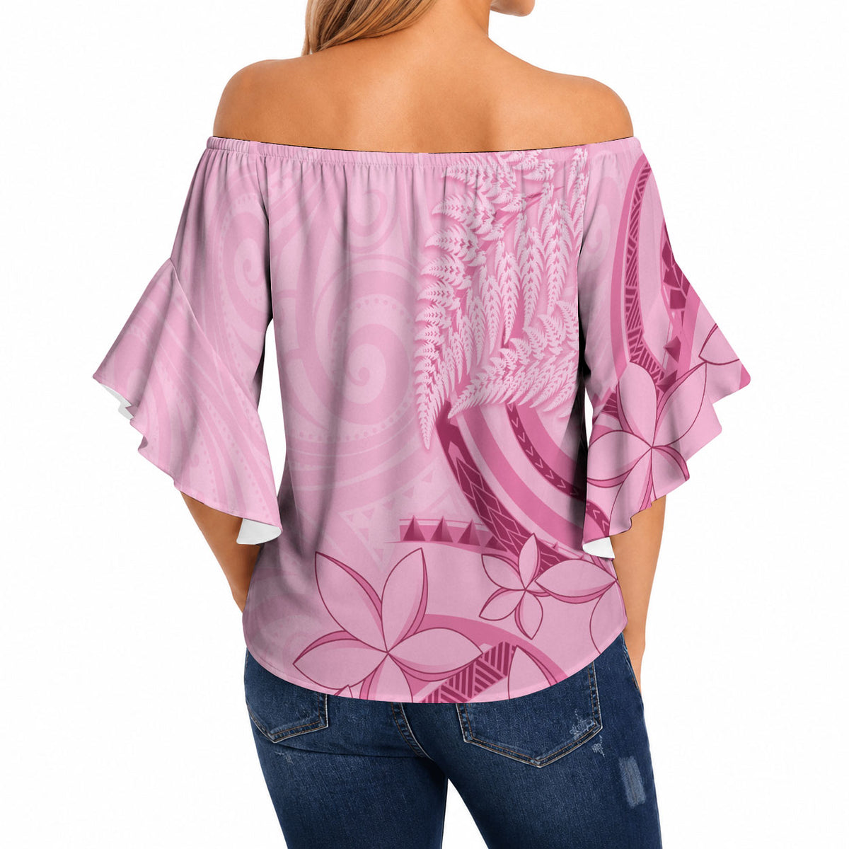 Aotearoa Maori Off Shoulder Wrap Waist Top Pink Fern Ribbons
