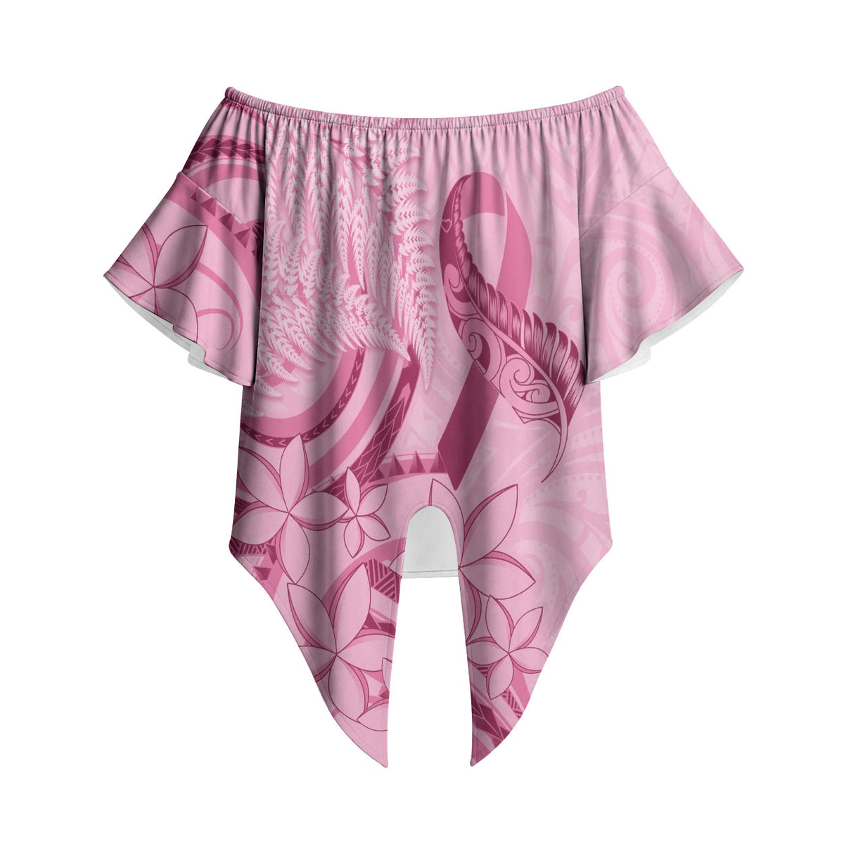 Aotearoa Maori Off Shoulder Wrap Waist Top Pink Fern Ribbons