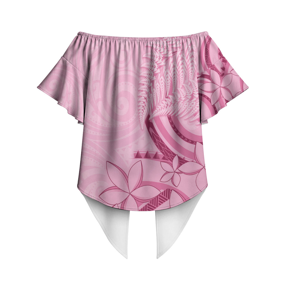 Aotearoa Maori Off Shoulder Wrap Waist Top Pink Fern Ribbons